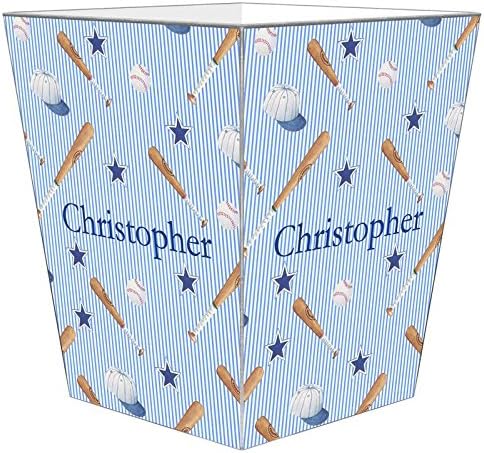 Marye-Kelley-Blue Baseball Wastepaper Basket Decoupage Wood Decorative Wastebasket for Kitchen Bathroom Bedroom Living Room Handmade Made in The USA
