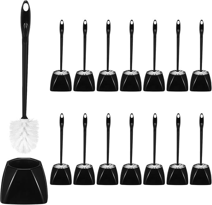 15 Sets Toilet Holder and Brush Set 16.14 Inch Toilet Bowl Cleaner Brush with Caddy Bathroom Scrub Plastic Scrubber with Long Handle for Bathroom Cleaning Easy to Assemble (Black)
