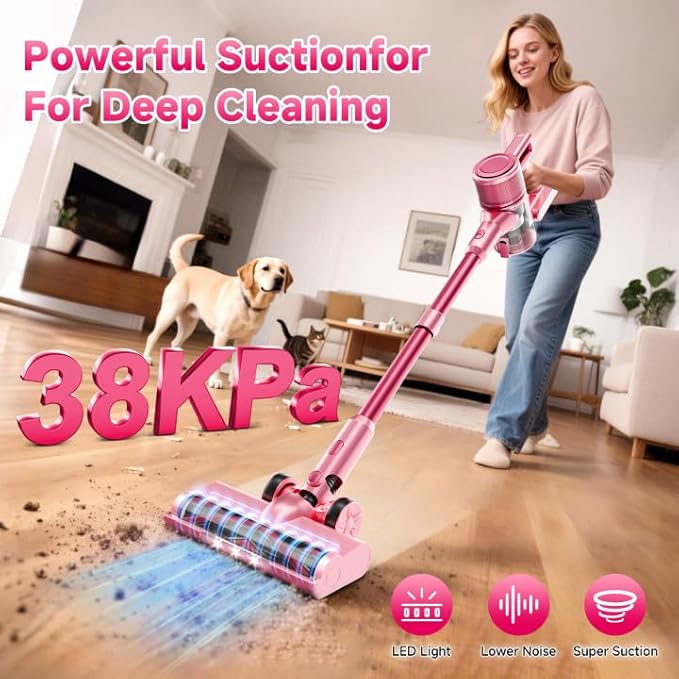 Cordless Vacuum Cleaner55Mins/Powerful Vacuum Cleaners for HomeStick Vacuums with 8 in 1Touch ScreenLED Headlights Anti-TanglePet HairPink