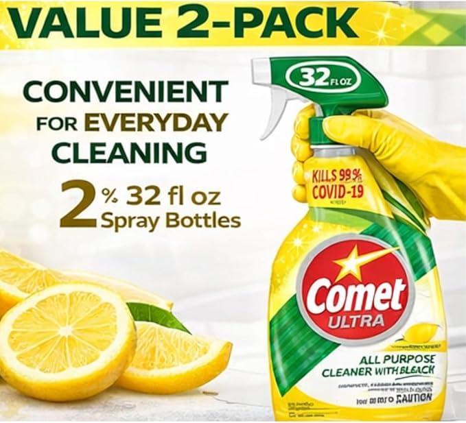 Comet Ultra All-Purpose Cleaner Spray with Bleach Disinfecting Bathroom &amp Kitchen Surface Cleaner Lemon Fresh Scent 32 fl oz (Pack of 2)
