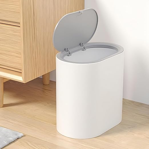 8l Large Capacity Trash Can with Press Lid Grey-White Plastic Wastebasket for Bathroom Kitchen Bedroom Narrow Space Use
