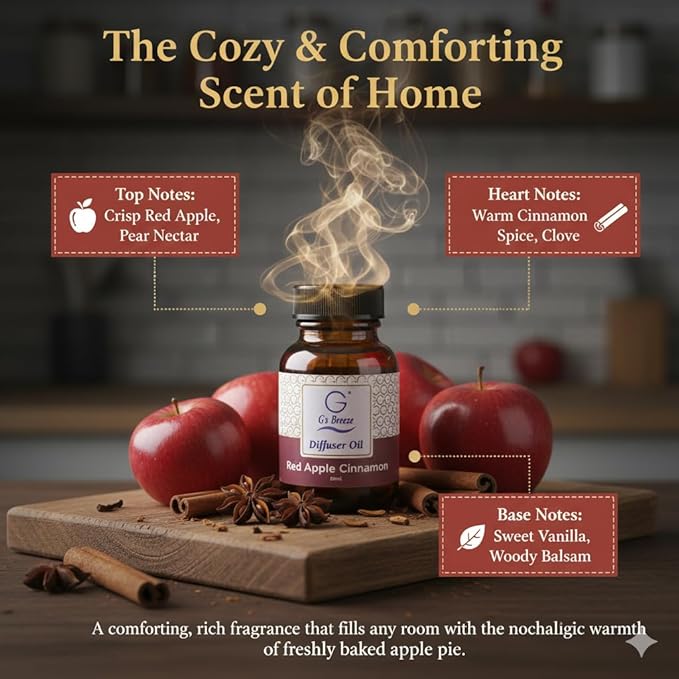 G’s Breeze Smart Diffuser with Refill – Bluetooth &amp Wi-Fi App Control Gradient LED Lighting Adjustable Scent Intensity 24 Hour Aromatherapy Diffuser for Home &amp Office - Red Apple Cinnamon