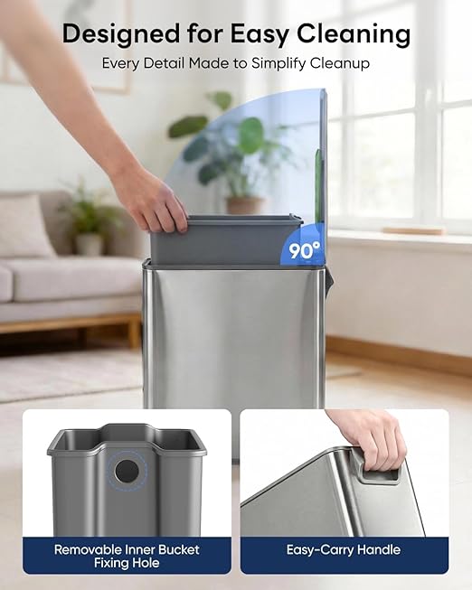 10L/2.6G Slim Bathroom Trash Can Narrow Stainless Steel Soft-Close Step Pedal Bin with Lid Odor Control Carbon Box Removable Inner Bucket Small Waste Bin for Bedroom Office RV (Silver)