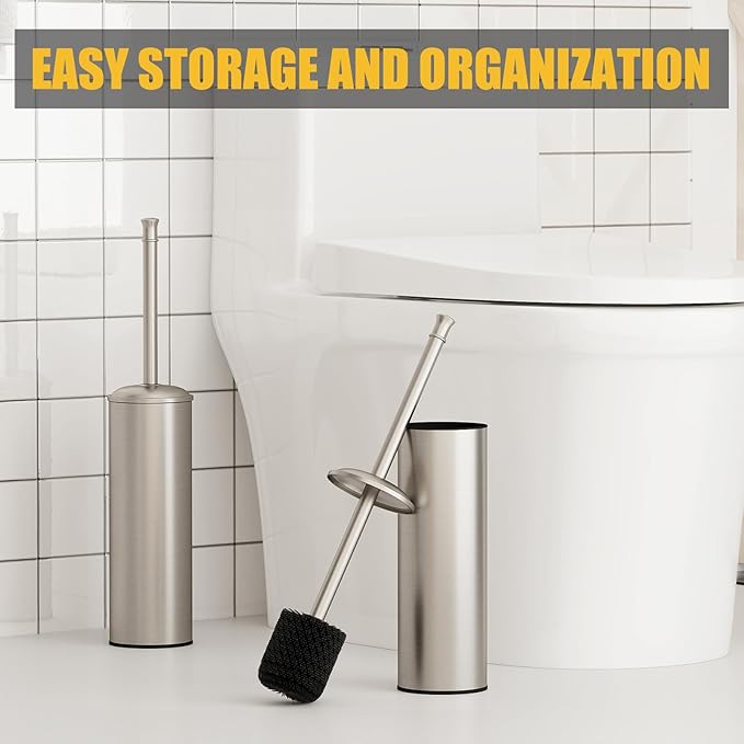 BESy Toilet Brush and Holder Toilet Cleaner Bowl Set with Two Brush with Extra Long Handle Durable Bristles Toilet Scrubber and Covered Holder Drip-Proof Stainless Steel Brushed Nickel