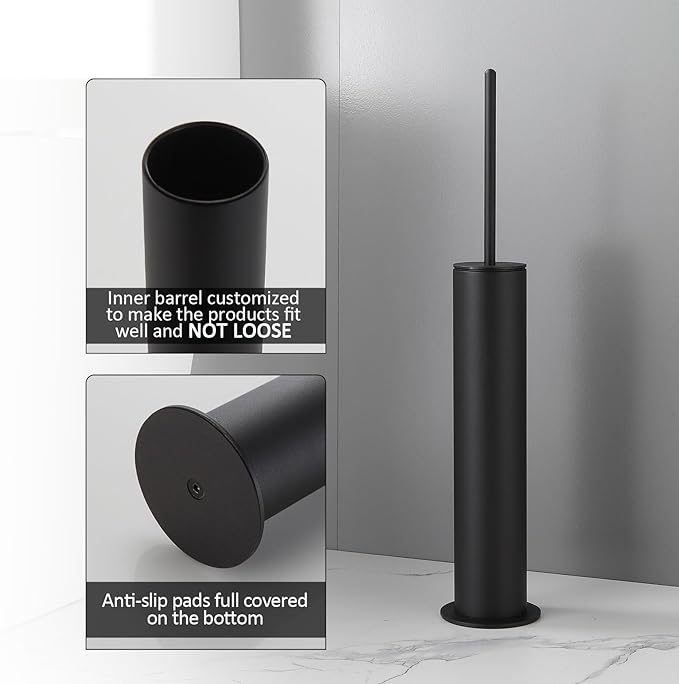 BGL Toilet Brush with Holder Set Matte Black Aluminium Standing for Bathroom Toilet Bowl Cleaner Brush and Holder Set Round Design