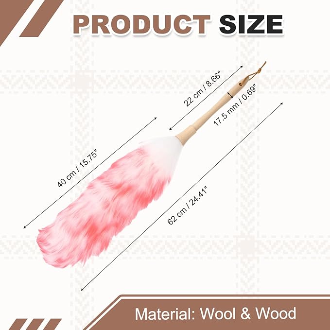 uxcell Wool Duster 24.4 Natural Feather Cleaner Household Cleaning Duster with Solid Wooden Handle for Cleaning Fans Window Blinds Shelves Furniture White Pink