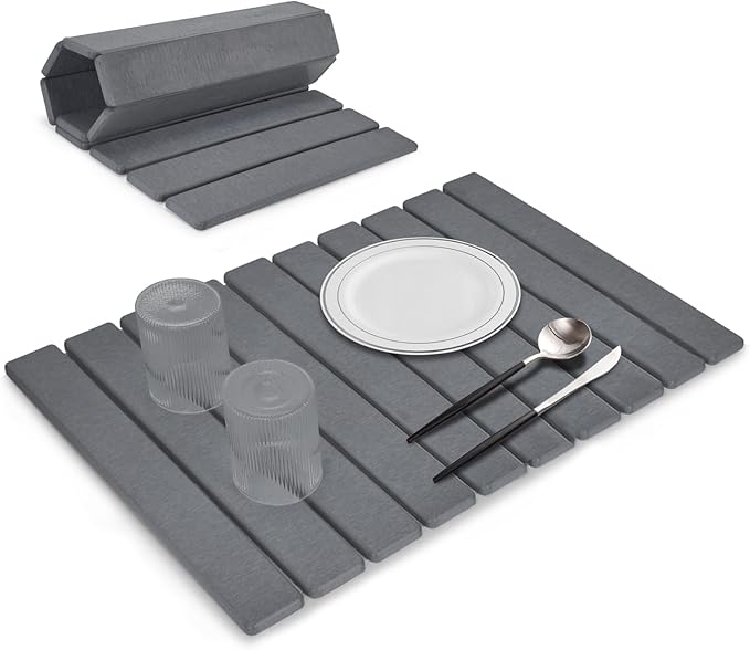 Large Stone Dish Drying Mats for Kitchen Counter 24(L)×16(W) Fast Drying Collapsible Mat Eco-Friendly Absorbent Diatomaceous Earth Mats for Dishes Bottles Match Any Countertop【Dark gray】