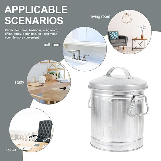 Zerodeko Trash CanCute Traditional Mini Metal Trashcan On The Desktop Decorative Galvanized Bucket Multifunctional Organizer &amp Flower Pot for Home Office Bathroom and Cabin (Silver 5.1 x 7