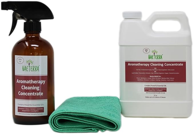 Naeterra Aromatherapy Cleaning Starter Kit - 32oz Plant-Based Concentrate 16oz Amber Bottle Funnel &amp Cloth - Legendary Apothecary Botanical Blend - No Synthetics - 64 Refills