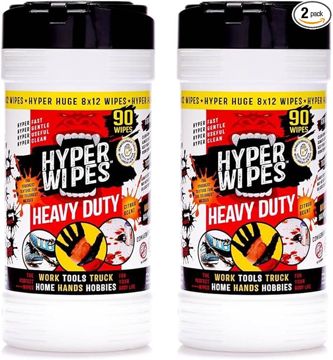 Hyper Wipes 2 Pack Heavy Duty Hand &amp Tool Cleaning Wipes 8x12 Size Multi-Surface Cleaning Wipes Degreasing All Purpose Cleaner Bathroom Mechanic Work Surface Wipes 180 Count Canister
