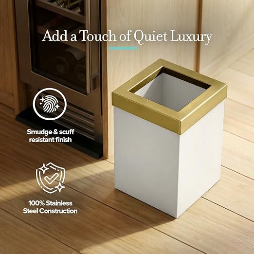 Gatco Small Bathroom Trash Can with Lid Square 3 Gallon Stainless Steel Wastebasket Under Sink Matte Pearl and Brushed Brass for Bathroom Bedroom Office (1935B)