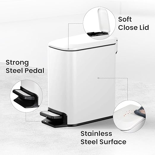 Cesun Small Bathroom Trash Can with Lid Soft Close Step Pedal 6 Liter / 1.6 Gallon Stainless Steel Slim Garbage Can for Bedroom Diaper Waste Basket with Removable Inner Bucket (White)