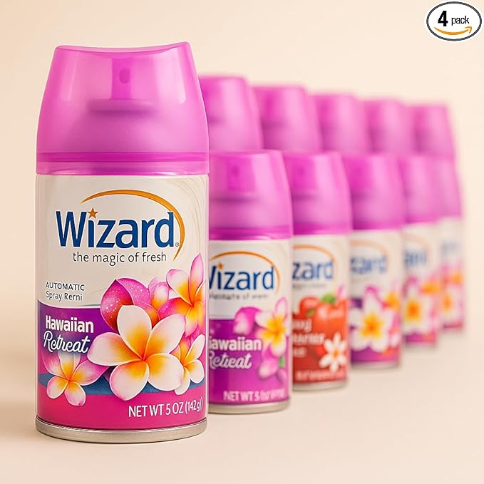 Wizard Automatic Spray Refill – Hawaiin Retreat 5 oz (12 Pack) | Compatible with Air Wick Freshmatic &amp Glade Dispensers | Long Lasting Odor Neutralizer for Home &amp Office