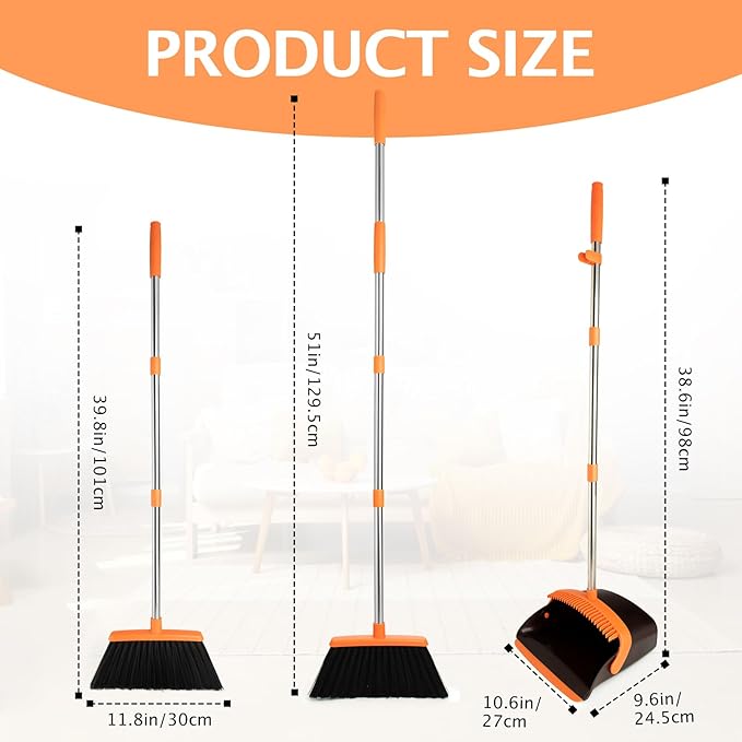 2-Pack Broom and Dustpan Set with Long Handle Heavy Dust Broom and Dustpan Combo for HomeKitchen Office Pet Hair (Brown Orange)