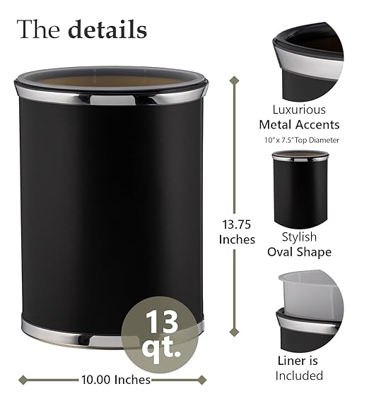 Kraftware Sophisticates Oval Wastebasket with Plastic Liner Adding Classic Style to The Bathroom and All Other Rooms in The Home or Office 13 Quart Capacity Black with Polished Chrome Trim