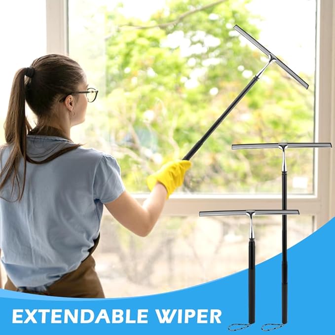Shower Squeegee with Long Handle and Adhesive Hook 16.93 to 59.84 Telescopic Squeegee for Window Cleaning Bathroom Cleaner Window Cleaning Tool for Mirror Glass Ceramic Tile(Color:Black)