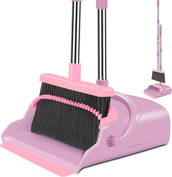 kelamayi Broom and Dustpan Set for Home Office Indoor&ampOutdoor Sweeping Stand Up Broom and Dustpan (Pink)