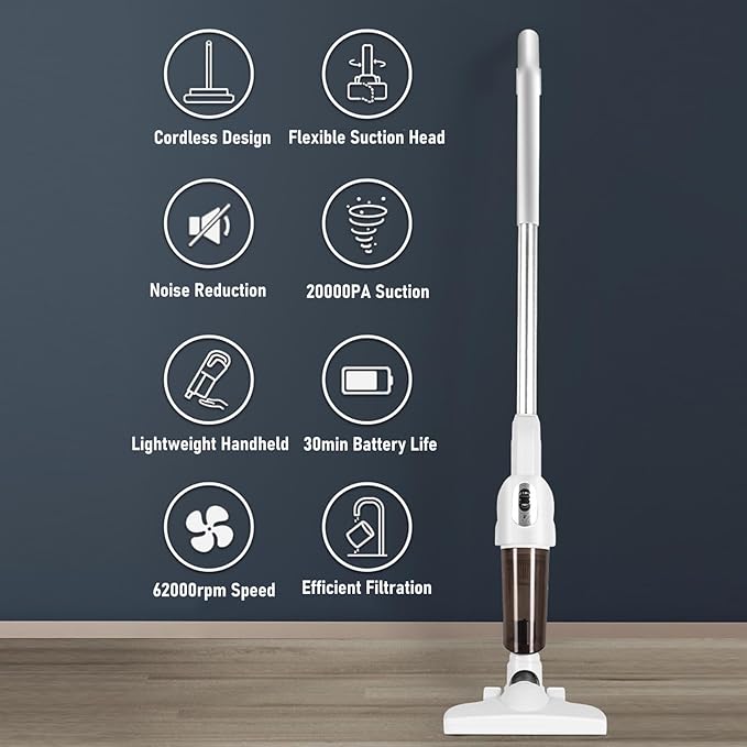 Cordless Vacuum Cleaner 2 in 1 Handheld Stick Vacuum 20000Pa Powerful Suction Rechargeable Vacuum Cleaners for Home Floor Car Interior Pet Hair Cleaning