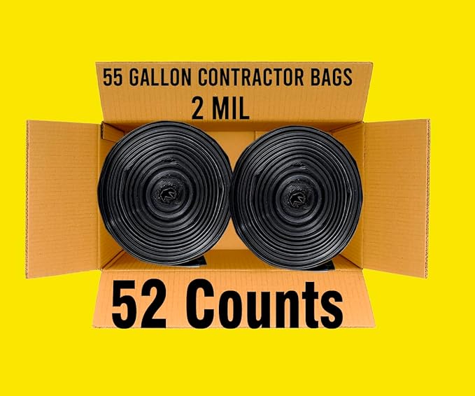 Contractor Heavy Duty Trash Bags 55 Gallon | 52 Count | 2 MIL | 36 X 56 | Large Black Flap Tie Construction Garbage Bags for Business Home Commercial Industrial Storage Outdoor
