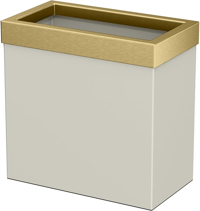 Gatco Modern Rectangle Wastebasket Matte Pearl and Brushed Brass Combo - Stainless Steel Trash Can with Removable Lid Leakproof 3 Gallon Capacity for Bathroom Bedroom Kitchen or Office