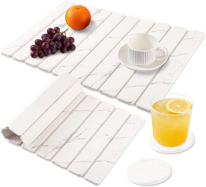 3 PCS Stone Dish Drying Mat for Kitchen Counter Large Quick Dry Stone Dishes Mats Coasters Foldable Water Absorbing Diatomaceous Earth Drying Pad for Countertop Bottles Utensils Cups
