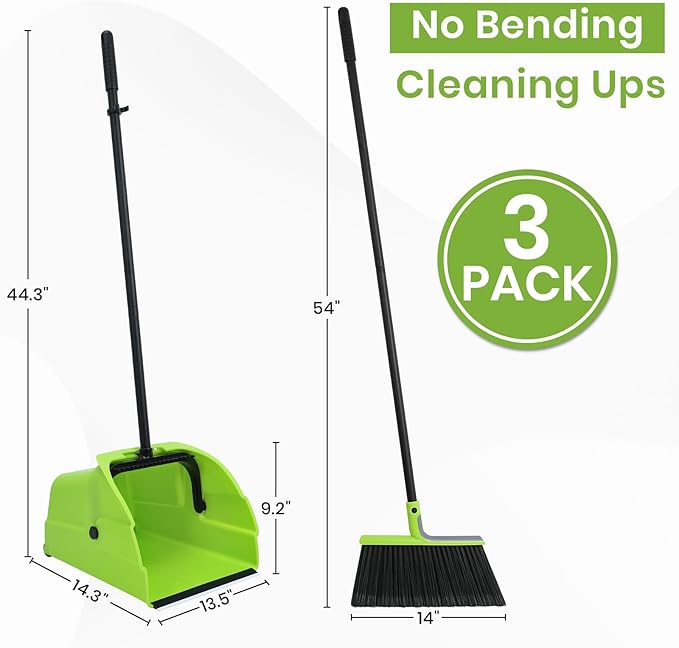 (3PK) Jumbo Commercial Broom and Dustpan Set with Large Standing Scoop Dustpan and Heavy Duty Broom Long Handle for Indoor/Outdoor Floor Cleaning Janitor Supplies