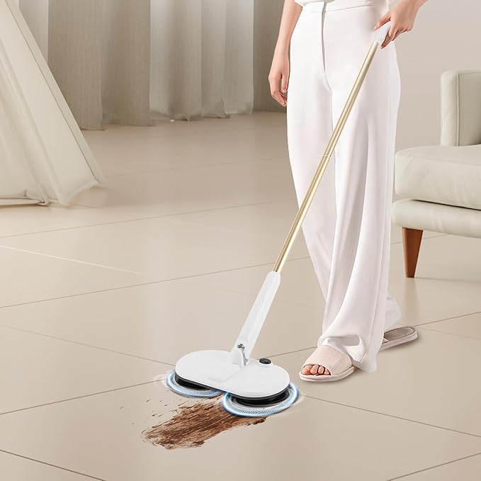 Electric Mop White Cordless Spin Mop with 2 Spare Pads &amp Adjustable Tube Modern Low Noise Electric Mops for Hardwood Tile Floors 60 mins Working Time