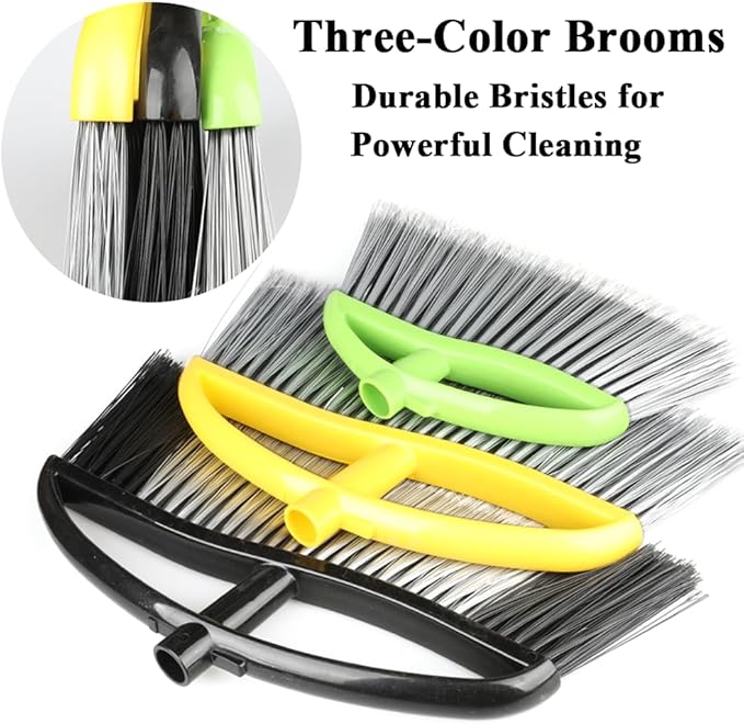 3 Pack Wide Heavy Duty Angle Broom - Stiff Bristle Outdoor Brooms for Sweeping Patio Garden Garage Yard (Black Yellow Green)