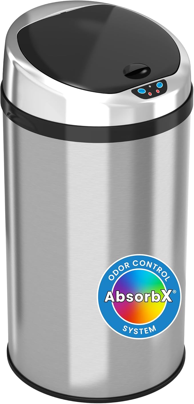iTouchless 8 Gallon Touchless Sensor Trash Can with Odor Filter System 30 Liter Round Stainless Steel Garbage Bin Perfect for Home Kitchen Office Brushed Stainless Steel