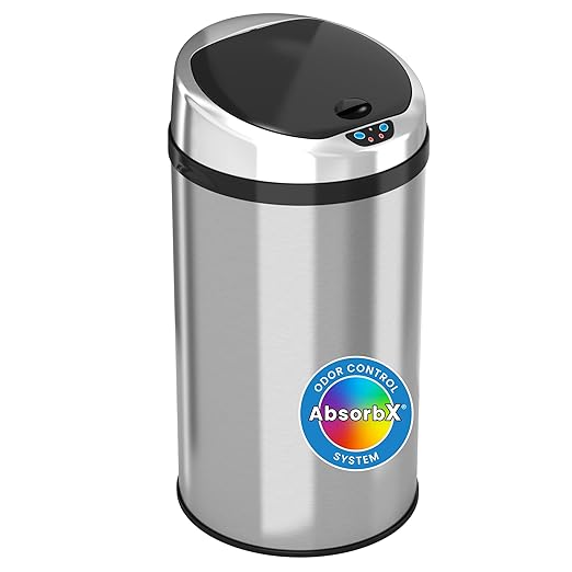 iTouchless 8 Gallon Touchless Sensor Trash Odor Control System Stainless Steel Round Automatic Garbage Can kitchen-waste-bin Silver