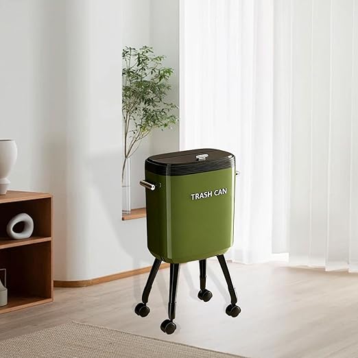Garbage Can with Legs Dustbin High Foot 15L Large Capacity Household No Bending Wastebasket for Office Bedroom Kitchen Toilet Green with Caster