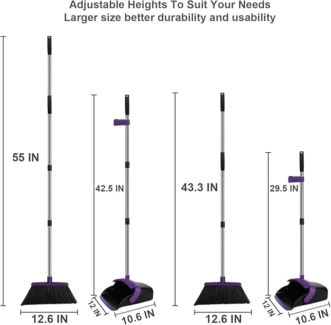 Broom and Dustpan Set Large Household Dustpans and Broom with 55 Inch Long Handle Pueple Broom with Dustpan Combo Set for Home