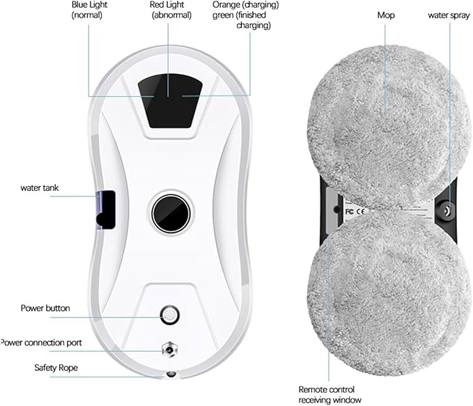 Automatic Smart Window Cleaning Robot with Single Water Spray 5600Pa Suction Multiple Cleaning Modes &amp Remote Control UPS Backup &amp Safety Rope for High Windows Mirrors and Tiles (White)