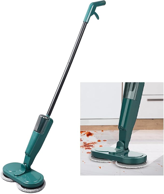 Electric Mop Cordless Rechargeable with Water Sprayer Lightweight 3.4lb 44” Floor Cleaner - Quiet Operation Adjustable Rod &amp 180° Rotating Head for Hardwood Tile Marble Flo (Green)