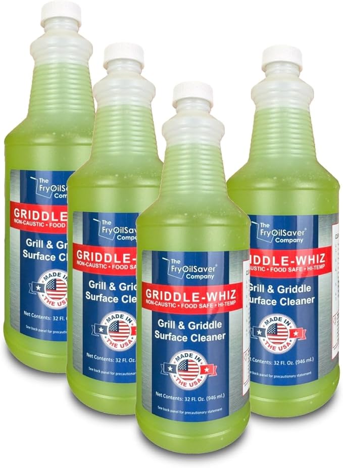 Griddle-Whiz Grill &amp Griddle Cleaner (4-Pack) | Removes Grease Food Residue Burnt On Organics | High Heat Flat Top Grill Cleaner Food Contact Surface | Non-Caustic Formula by FryOilSaver (32oz)