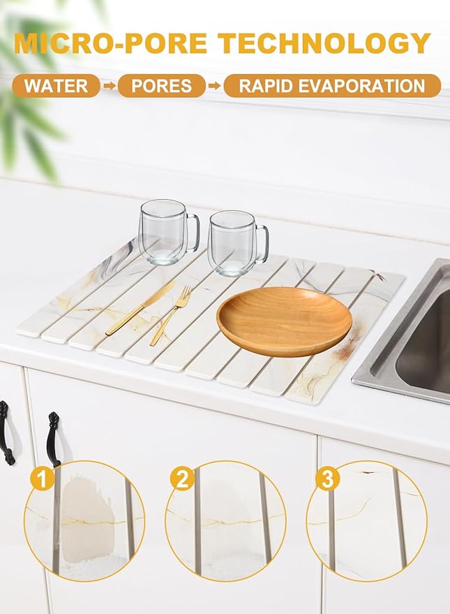 Large Stone Drying Mat for KitchenCounter24(L)×16(W)Collapsible Absorbent Diatomaceous Earth Dish Drying MatQuick-Dry Draining Mat for Dishes Cookware Bottles Cups Match Any Countertop