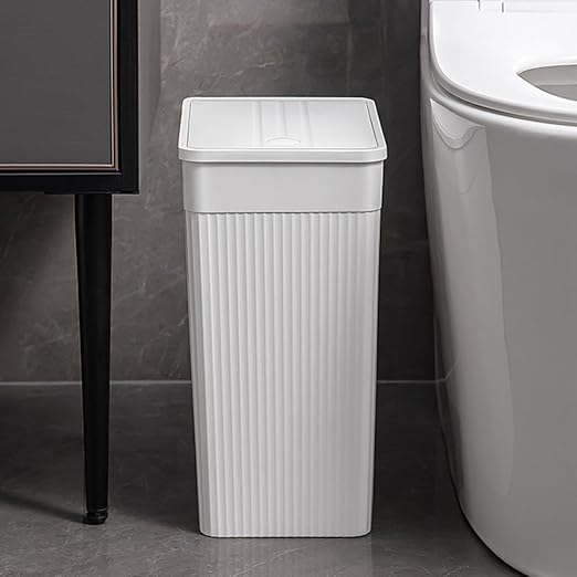 Unomor Narrow Slim Bathroom Trash Can Press Type Lid Wastebasket for Bedroom Kitchen and Office Modern Design Space-Saving Garbage Pail