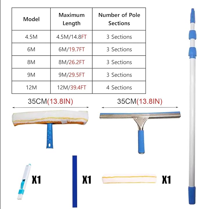 Telescopic Window Cleaning Tool with 15 20 26 Feet 30 40 Ft Extension Pole Efficient 2 in 1 Windows Clean Kit/Glass Squeegee Rods for Hard to Reach Outside/Tall Skylights(8m