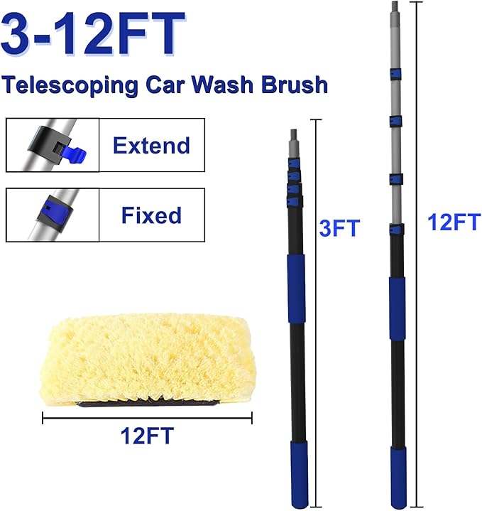 18Ft Reach Car Wash Brush with Long Handle Car Cleaning Brush 12-Inch Soft Bristles 3-12Foot Aluminium Telescoping Pole for Scratch-Free Cleaning RV Car Boats Truck Floors Solar Panels