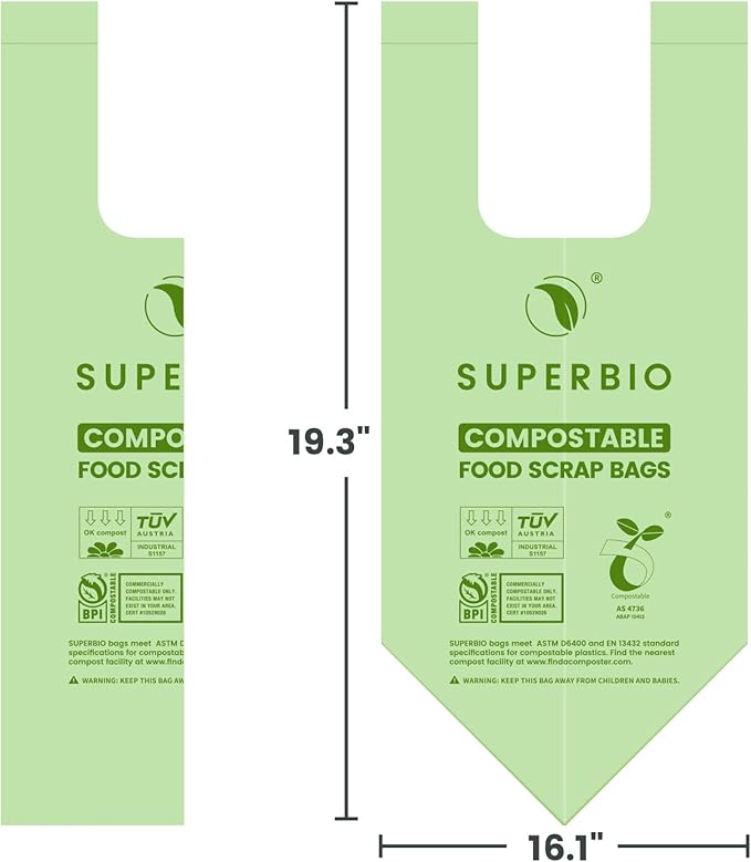 SUPERBIO 1.6 Gallon Handle Tie Compostable Food Scrap Bags Small Compost Bags with Handles 50 Count 2 Pack BPI &amp OK compost INDUSTRIAL