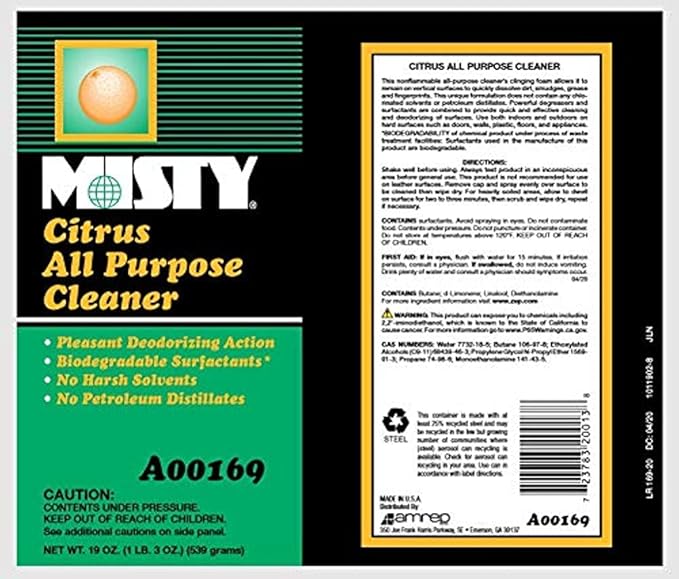 MISTY Citrus All-Purpose Cleaner - 19 oz (Case of 12) 1001583 - Biodegradable Aerosol For Indoor and Outdoor Use Fresh Citrus Scent