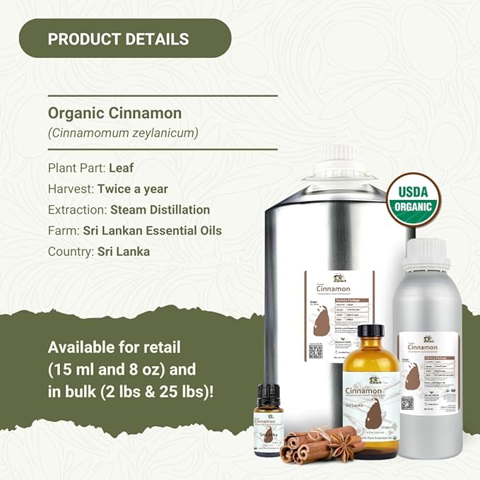 Organic Cinnamon Essential Oil - Direct from Sri Lankan Essential Oils - 100% Pure - Natural Aceite de Canela for Aromatherapy &amp Wellness - Premium Grade (15ml)