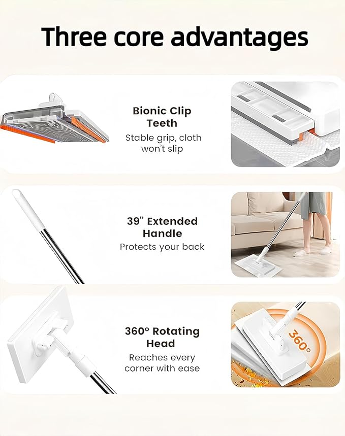 Beldrays Mop Beldrays Clip to Grip Mop 360 Swivel Floor Cleaner for Hardwood &amp Tile Hands-Free One-Button Release Use Any Cloth or Towel Slip-Proof Clamping Teeth Wet &amp Dry Cleaning (10*