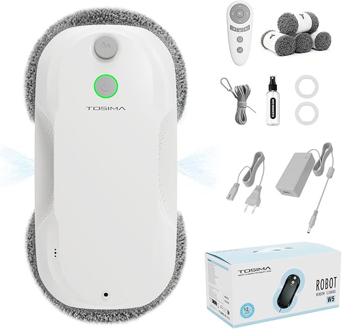 Tosima W5 Window Cleaning Robot Dual Direction Auto-Spray Smart Window Cleaner with Triple Safety System Smart Navigation Remote Control for All Smooth Surfaces with 8 Rags White