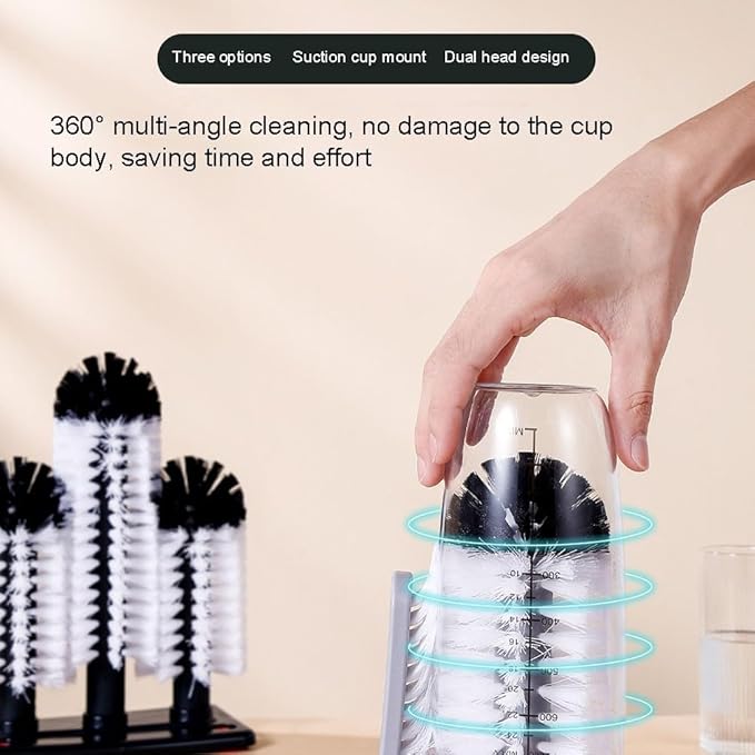 Bar Glass Cleaner for Sink with 3 Head Bristle Brush and Suction-Base Plastic Cup Washer for Kitchen or Bar Use