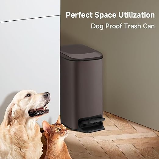 TIPGO Slim Bathroom Trash Can with Lid Soft Close Step Pedal 6 Liter / 1.6 Gallon Stainless Steel Trash Bin Small Garbage Cans for Bedroom Office Kitchen (Brown)