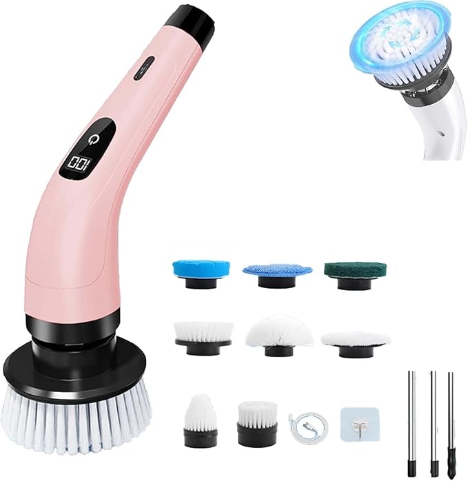 Electric Spin Scrubber with Adjustable Handle 9 Brush Heads 2 Speeds for Bathroom Tile Shower Floor Cleaning