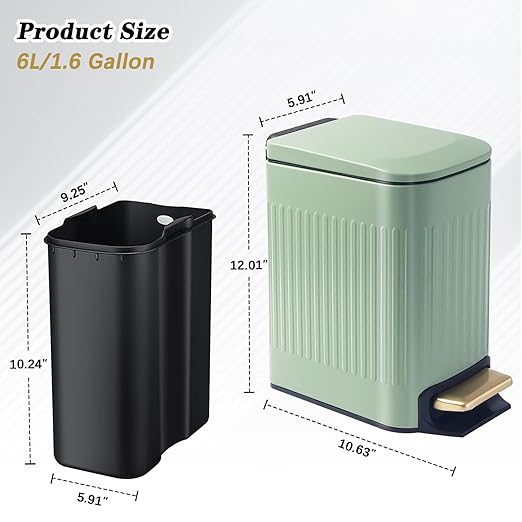 Soddeph Small Narrow Bathroom Trash Can with Lid Bathroom1.6 Gallon Stainless Steel Wastebasket with Lid Soft CloseSlim Trash Can with Removable Inner Bucket for Toilet BedroomOffice (Green)