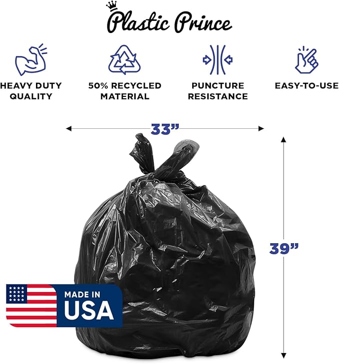 (100 Pack) 30-33 Gallon Trash Bags 1.3 Mil Heavy Duty Fits Round and Square 30-33 gal Trash Cans 33 x 39 Garbage Trash Can Liners (Black)