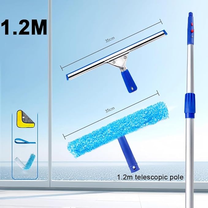 1.2-15M Aluminum Alloy High Window Glass Cleaning Pole with 35Cm Rubber Scraper and Fiber Mop Head Telescopic Long Pole Window CleanerPole Length 3.6m